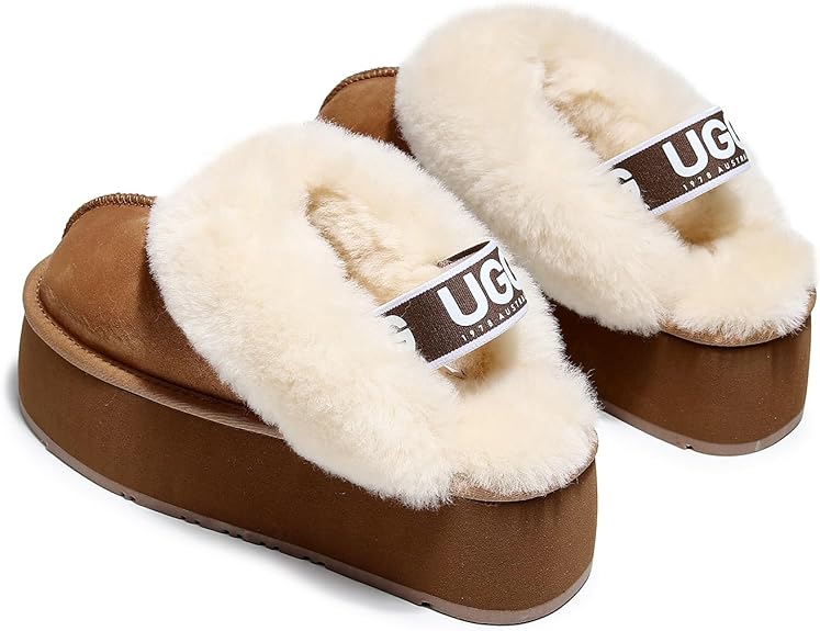 UGG 1978AUS Women's Platform Slippers - Australian Sheepskin with Elastic Ankle Strap